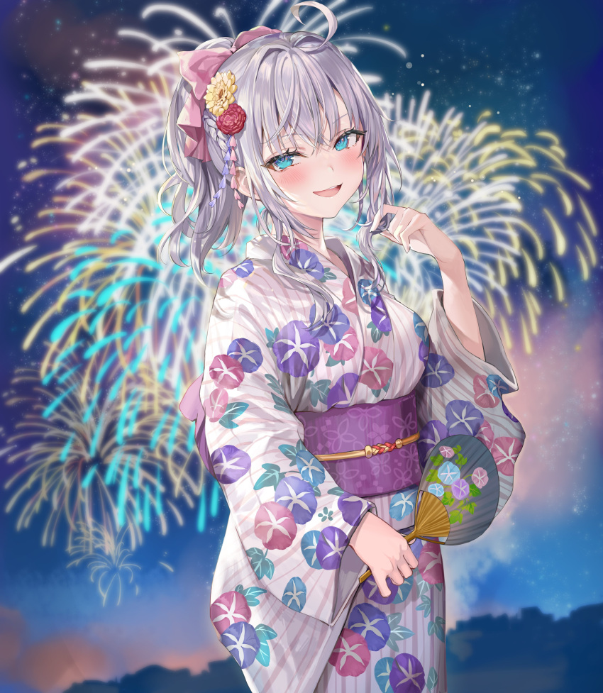 1girl :d absurdres aerial_fireworks ahoge alisa_mikhailovna_kujou bangs blue_eyes blurry blurry_background blush braid breasts crossed_bangs eyebrows_visible_through_hair fireworks floral_print flower hair_between_eyes hair_flower hair_ornament hair_ribbon half-closed_eyes hand_fan highres holding holding_fan japanese_clothes kimono long_hair long_sleeves looking_at_viewer medium_breasts momoko_(momopoco) morning_glory morning_glory_print night night_sky obi open_mouth outdoors paper_fan pink_ribbon ponytail print_kimono ribbon sash second-party_source sidelocks silver_hair sky smile solo standing tokidoki_bosotto_roshia-go_de_dereru_tonari_no_arya-san wide_sleeves yukata