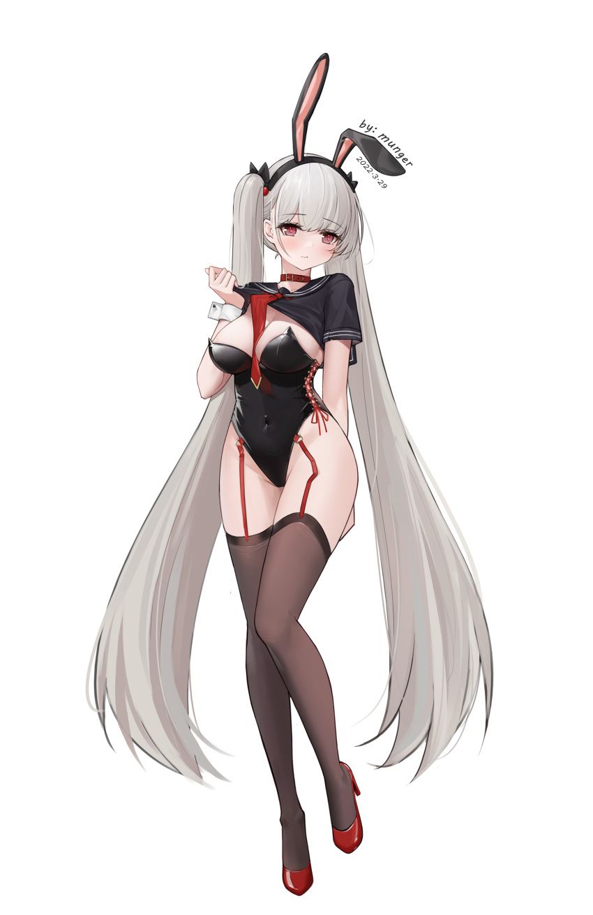 1girl absurdres alternate_costume animal_ears arm_behind_back artist_name azur_lane bangs belt between_breasts black_bow black_legwear black_leotard black_shirt blunt_bangs blush bow breasts choker clothes_lift covered_navel dated fake_animal_ears formidable_(azur_lane) garter_straps grey_hair groin hair_bow hairband hand_up high_heels highres leotard leotard_under_clothes lifted_by_self long_hair looking_at_viewer mungersky necktie necktie_between_breasts no_pants rabbit_ears red_choker red_eyes red_footwear red_necktie ribbon sailor_collar shirt shirt_lift short_sleeves side-tie_leotard sidelocks solo standing standing_on_one_leg stiletto_heels strapless strapless_leotard thigh-highs thighs twintails very_long_hair wrist_cuffs