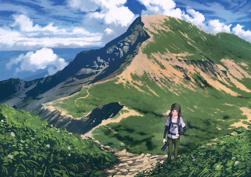 1girl absurdres backpack bag baseball_cap black_sleeves blue_sky brown_hair bush camera closed_mouth clouds commentary_request green_headwear green_pants hat highres holding holding_camera layered_sleeves long_hair long_sleeves looking_at_viewer michinoku_(hiking_miusan18) mountain original pants scenery shirt short_over_long_sleeves short_sleeves sky smile solo white_shirt wide_shot