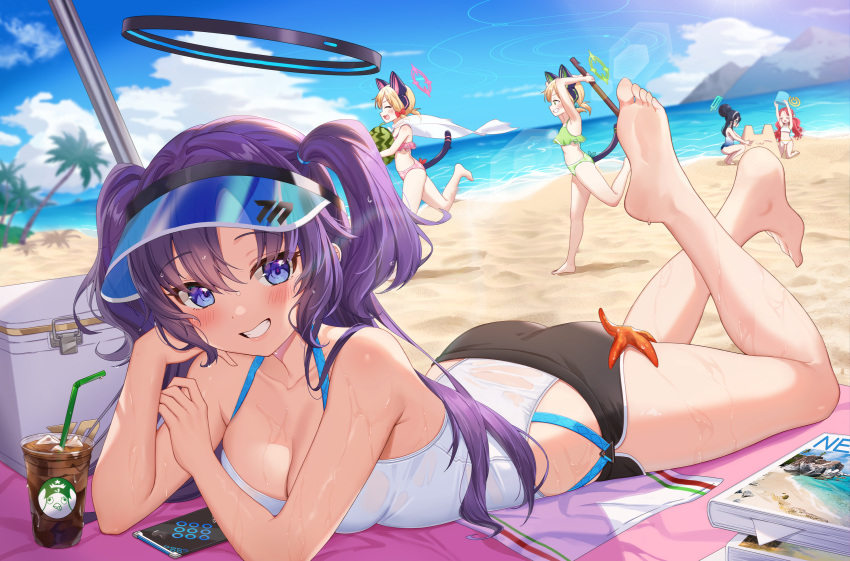 5girls arisu_(blue_archive) beach black_hair blonde_hair blue_archive blue_eyes box cat_ears cat_tail closed_eyes coconut_tree coffee dripping green_eyes grin halo hands_up holding holding_weapon looking_at_viewer lying magazine midori_(blue_archive) momoi_(blue_archive) mountain phone playing purple_hair red_hair running sandcastle scenery sea smile starfish straw sun_hat sweat teeth visor_cap watermelon wet wet_clothes yuuka_(blue_archive) yuzu_(blue_archive)