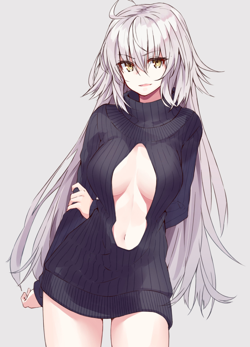 1girl absurdres ahoge arms_behind_back bangs black_sweater breasts center_opening eyebrows_visible_through_hair fate/grand_order fate_(series) grey_background hair_between_eyes highres jeanne_d'arc_alter_(avenger)_(fate) jeanne_d'arc_alter_(fate) large_breasts long_hair navel open_mouth ribbed_sweater shunichi silver_hair simple_background smile solo sweater thighs turtleneck turtleneck_sweater very_long_hair yellow_eyes