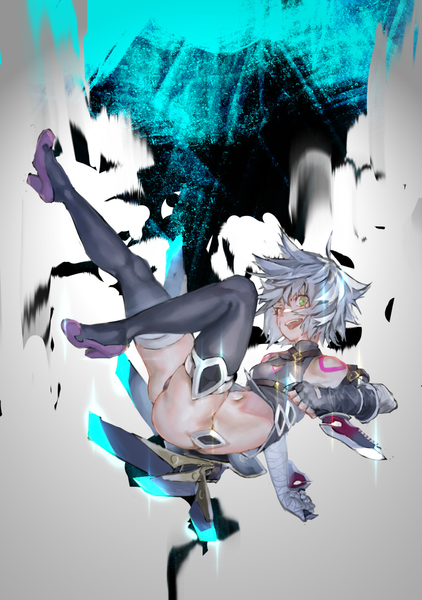 1girl absurdres ass bandaged_arm bandages bangs black_gloves black_legwear breasts check_commentary clenched_hand commentary_request crop_top elbow_gloves evil_smile falling fate/apocrypha fate/grand_order fate_(series) fingerless_gloves glint gloves glowing green_eyes high_heels highres holding holding_knife holding_weapon jack_the_ripper_(fate/apocrypha) knife looking_at_viewer messy_hair midair navel open_mouth purple_footwear rolua scar scar_across_eye short_hair silver_hair small_breasts smile solo teeth thigh-highs thighs turtleneck upper_teeth weapon