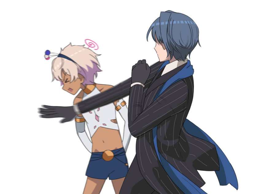 &gt;_&lt; 2boys blue_hair commentary dark-skinned_male dark_skin dotonburii english_commentary formal genderswap genderswap_(ftm) gloves hololive hololive_english limiter_(tsukumo_sana) meme midriff multiple_boys navel ouro_kronii ouro_krono planet_hair_ornament simple_background slapping suit tsukumo_san tsukumo_sana virtual_youtuber white_background will_smith_slapping_chris_rock_(meme)