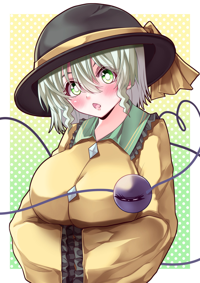 1girl absurdres black_headwear blouse blush breasts collared_shirt commentary_request eyeball eyebrows_behind_hair frilled_shirt_collar frilled_sleeves frills gradient gradient_background green_background hair_between_eyes hands_in_opposite_sleeves hat hat_ribbon head_tilt highres komeiji_koishi large_breasts light_green_hair long_sleeves looking_at_viewer maboroshi_mochi medium_hair open_mouth ribbon shirt solo third_eye touhou upper_body yellow_background yellow_blouse yellow_ribbon