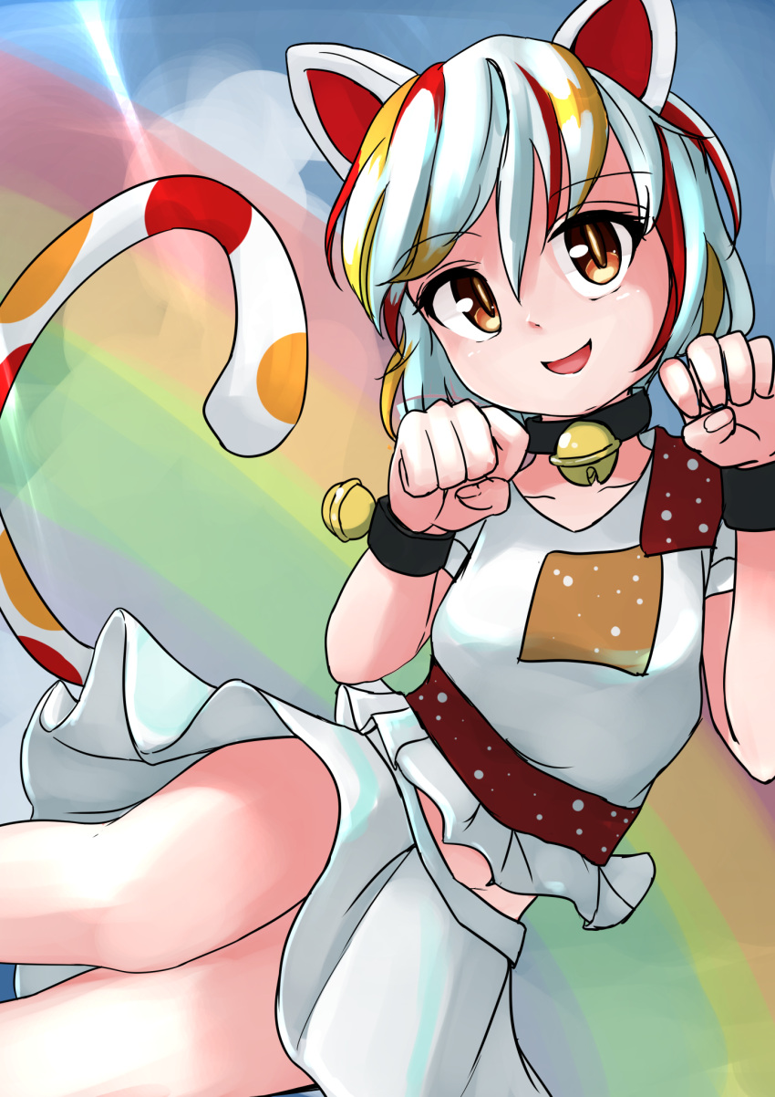 animal_ears bangs bell calico cat_ears cat_girl cat_tail commentary_request crop_top goutokuji_mike highres jingle_bell looking_at_viewer maneki-neko medium_skirt midriff multicolored_clothes multicolored_hair multicolored_shirt multicolored_skirt multicolored_tail neck_bell orange_eyes patch patchwork_clothes paw_pose scottie0521 short_hair skirt streaked_hair tail touhou white_hair