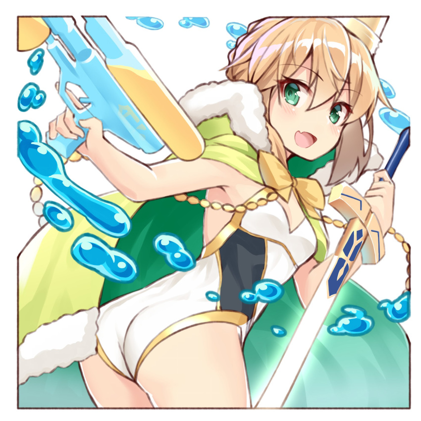 1girl ahoge artoria_pendragon_(fate) artoria_pendragon_(swimsuit_archer)_(fate) ass bangs blonde_hair braid breasts cape crown excalibur_(fate/stay_night) fate/grand_order fate_(series) french_braid fur-trimmed_cape fur_trim green_cape green_eyes hair_bun highleg highleg_swimsuit highres long_hair looking_at_viewer medium_breasts one-piece_swimsuit open_mouth shunichi sidelocks smile solo swimsuit sword thighs water water_gun weapon white_swimsuit