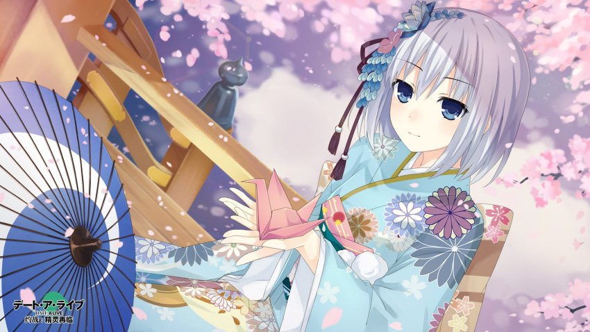blue_eyes cherry_blossoms date_a_live date_a_live:_spirit_pledge fence highres japanese_clothes kimono silver_hair tagme tobiichi_origami umbrella wooden_fence