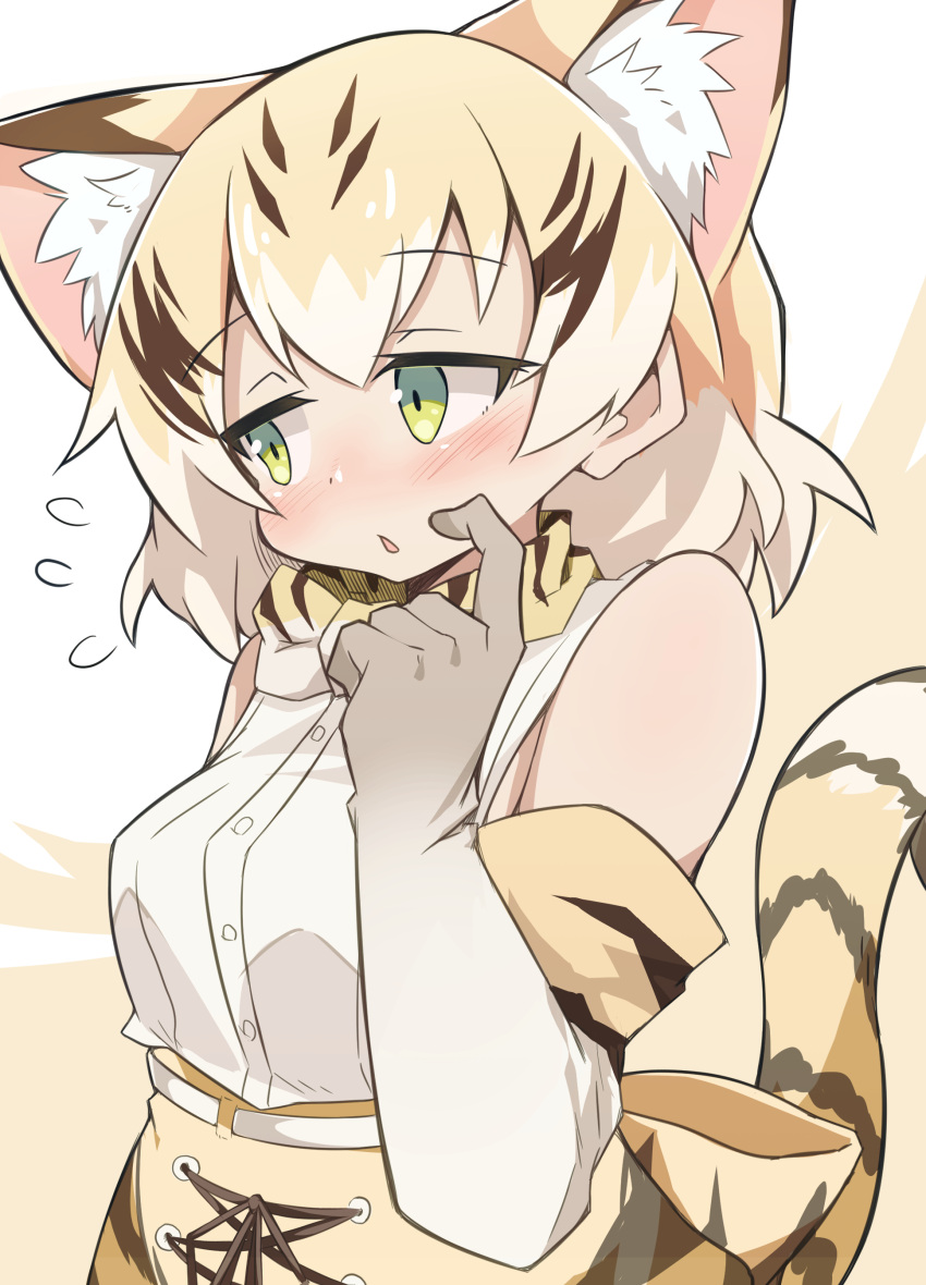 1girl absurdres animal_ear_fluff animal_ears bangs black_hair blonde_hair blush bow bowtie breasts cat_ears cat_tail chestnut_mouth commentary_request elbow_gloves eyebrows_visible_through_hair flying_sweatdrops gloves green_eyes highres kemono_friends looking_to_the_side medium_breasts medium_hair multicolored_hair open_mouth sand_cat_(kemono_friends) shirt skirt sleeveless sleeveless_shirt solo streaked_hair striped striped_bow striped_bowtie striped_gloves striped_tail tail upper_body white_shirt yayuyoyayuyo yellow_skirt