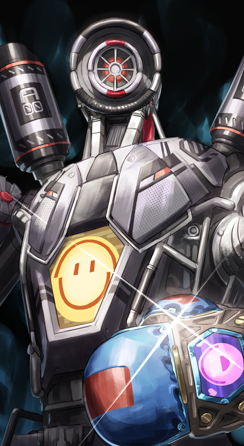 1boy absurdres apex_legends black_background blue_gloves boxing_gloves gloves highres humanoid_robot looking_at_viewer nemoto_yuuma no_humans pathfinder's_boxing_gloves pathfinder_(apex_legends) portrait quicksilver_pathfinder red_eyes science_fiction shiny solo