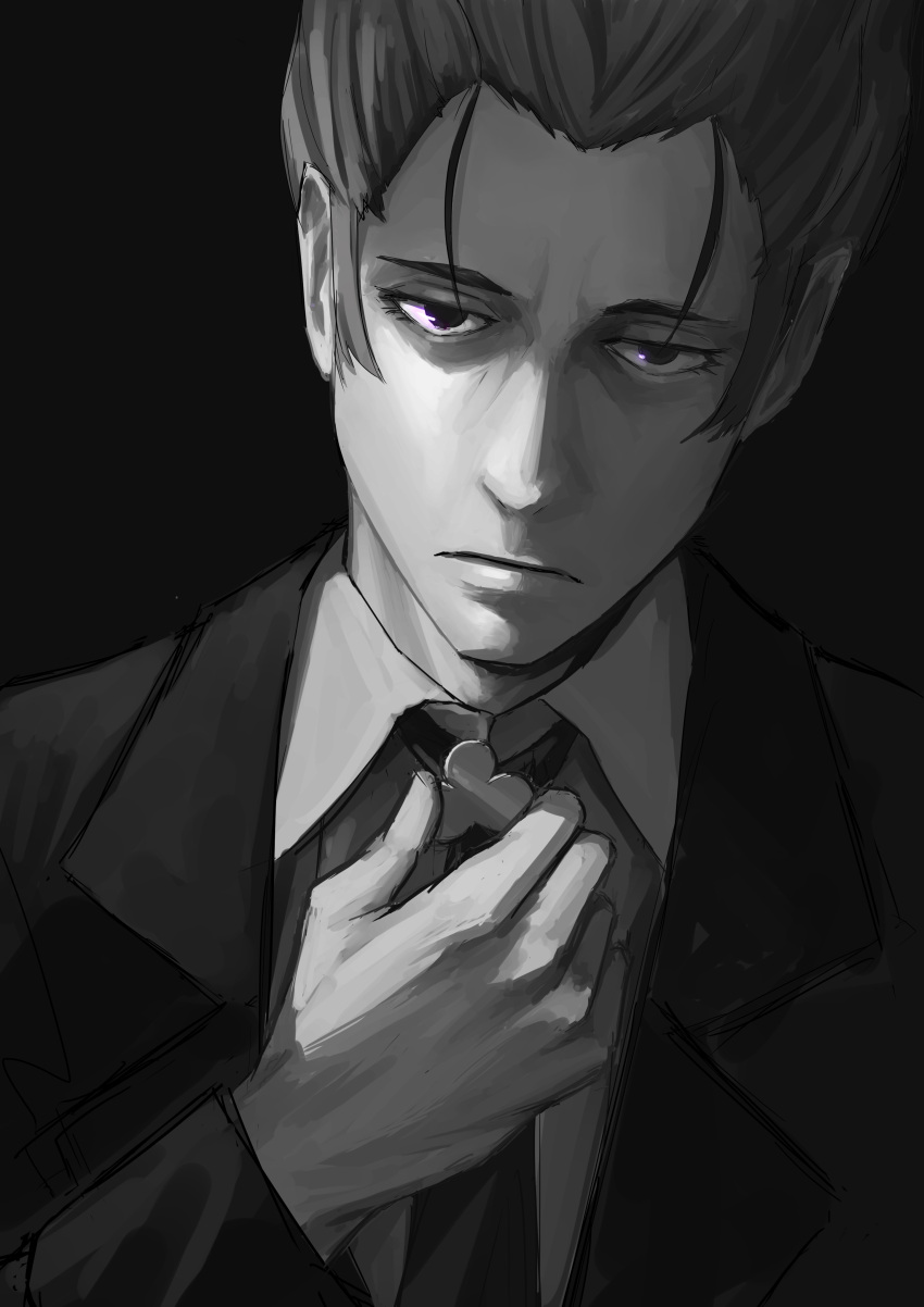 1boy absurdres adjusting_neckwear closed_mouth collared_shirt commentary_request expressionless formal greyscale highres kaiki_deishuu male_focus monochrome monogatari_(series) nemo_ringo shirt short_hair solo spot_color suit suit_jacket upper_body