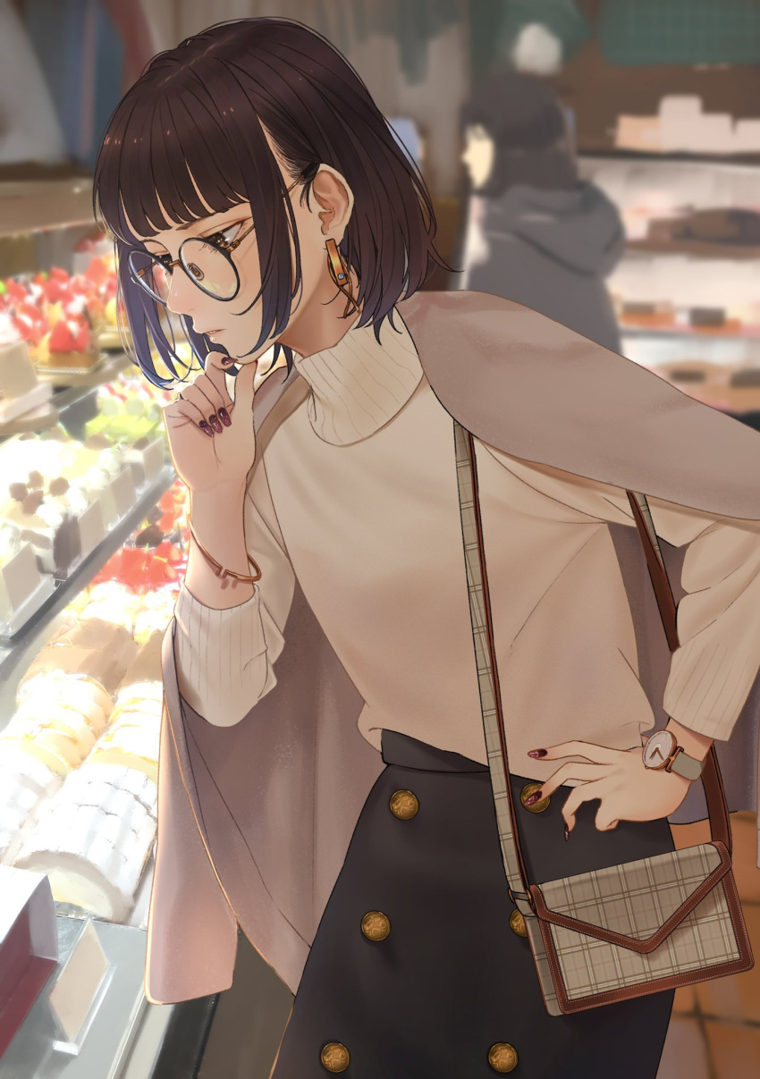 1girl 2girls bakery black_hair bracelet cake coat commentary_request counter dress eyewear_on_head fingernails food hand_on_hip highres hood hoodie indoors jewelry long_sleeves looking_at_object multiple_girls nail_polish original red_nails saitou_(lynx-shrike) shop solo solo_focus sweets watch watch