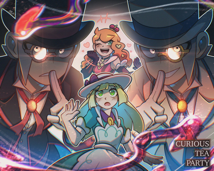 2boys 2girls bangs black_suit blonde_hair commentary emmet_(pokemon) english_text finger_to_mouth formal frown glowing glowing_eyes green_eyes grey_eyes grin hat highres ingo_(pokemon) lillie_(pokemon) m-hex medium_hair monocle multiple_boys multiple_girls official_alternate_costume open_mouth orange_hair pokemon pokemon_(game) pokemon_masters_ex short_hair sideburns silver_hair smile sonia_(pokemon) suit sun_hat surprised top_hat white_suit