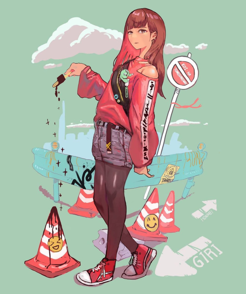 1girl arm_at_side brown_eyes brown_hair brown_legwear closed_mouth clothing_cutout clouds colored_inner_hair denim denim_shorts earrings food full_body hand_up highres jewelry long_hair looking_at_viewer melting multicolored_hair original pantyhose popsicle red_footwear redhead road_sign ron3emon shirt_tucked_in shoes shorts shoulder_cutout sign sneakers solo standing sweatshirt traffic_cone