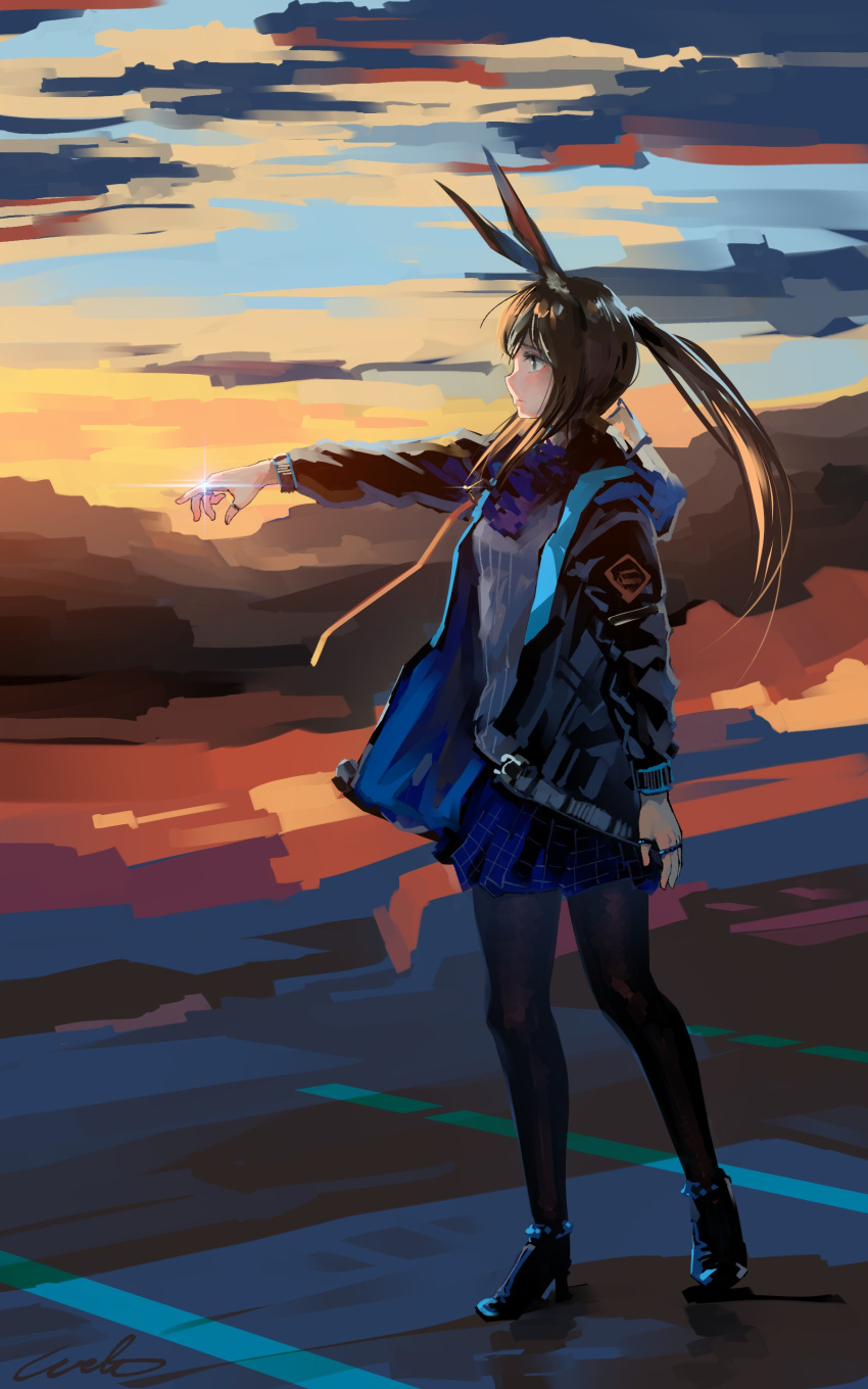 1girl abstract_background absurdres amiya_(arknights) animal_ears ankleband arknights ascot black_footwear black_jacket black_legwear blue_ascot blue_eyes blue_skirt brown_hair hand_up highres jacket jewelry long_hair looking_to_the_side multiple_rings open_clothes open_jacket pantyhose plaid plaid_skirt pleated_skirt ponytail profile rabbit_ears ring shirt signature skirt solo sunset welt_(kinsei_koutenkyoku) white_shirt