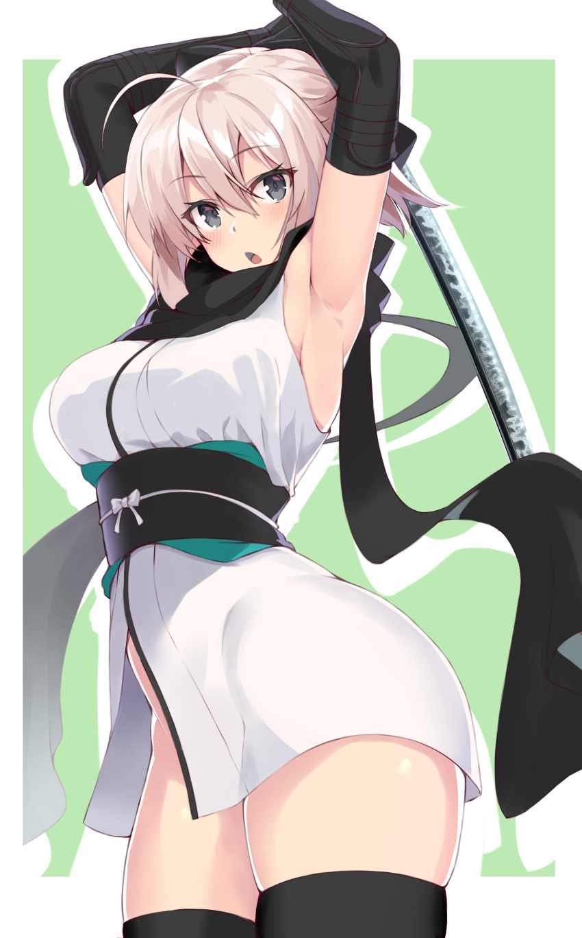 1girl absurdres ahoge arm_guards armpits arms_behind_head arms_up bangs black_bow black_legwear blonde_hair bow breasts detached_sleeves fate/grand_order fate_(series) grey_eyes hair_bow half_updo highres japanese_clothes katana kimono koha-ace large_breasts looking_at_viewer obi okita_souji_(fate) okita_souji_(koha-ace) open_mouth sash short_hair short_kimono shunichi sleeveless sleeveless_kimono solo sword thigh-highs thighs weapon white_kimono