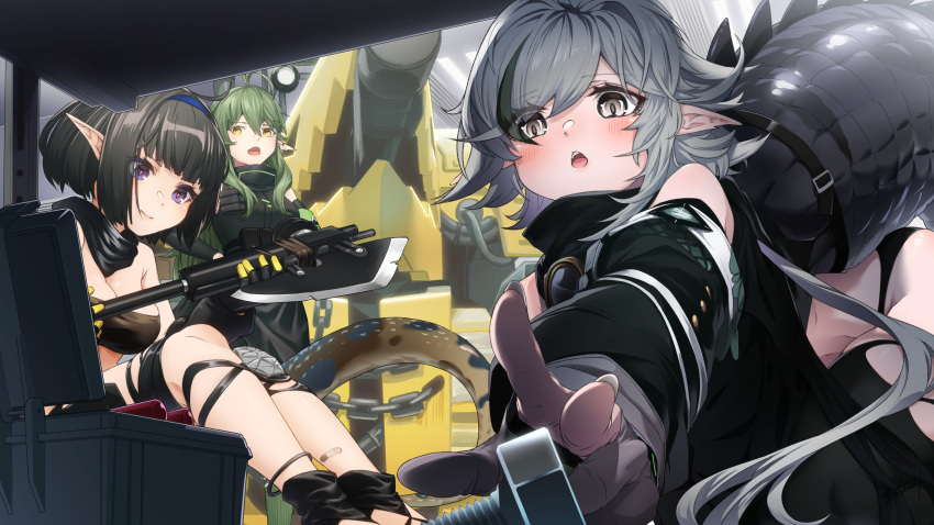 3girls absurdres antenna_hair arknights big_ugly_(arknights) black_footwear black_hair black_jacket black_tunic blush bolt crocodilian_tail eunectes_(arknights) fang gavial_(arknights) gloves goggles goggles_around_neck green_hair grey_eyes grey_gloves grey_hair highres holding holding_polearm holding_weapon jacket knee_pads long_hair multicolored_hair multiple_girls open_mouth partially_fingerless_gloves pointy_ears polearm reaching_out seto_tinami short_hair single_knee_pad sitting skin_fang snake_tail streaked_hair tail teeth tomimi_(arknights) tongue toolbox upper_teeth violet_eyes weapon yellow_eyes