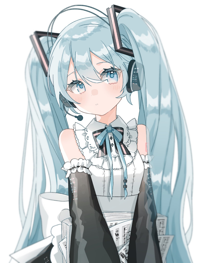 1girl bangs black_bow black_bowtie black_sleeves blue_eyes blue_hair blue_ribbon bow bowtie closed_mouth commentary detached_sleeves hair_bow hatsune_miku headphones headset highres holding holding_paper long_hair long_sleeves looking_at_viewer microphone neck_ribbon paper re_eva ribbon sheet_music shirt sidelocks solo upper_body very_long_hair vocaloid white_shirt