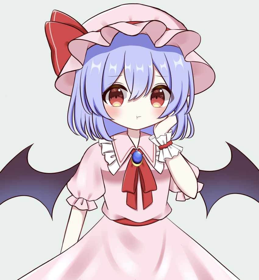 1girl absurdres bangs bat_wings belt blue_background bow bowtie breasts closed_mouth collared_dress commentary_request dress eyebrows_visible_through_hair eyes_visible_through_hair frills gem hair_between_eyes hand_on_own_face hand_up hat hat_ribbon heart heart_in_eye highres jewelry looking_to_the_side medium_breasts mob_cap pink_dress pink_headwear piyoru_nico puffy_short_sleeves puffy_sleeves purple_hair red_belt red_bow red_bowtie red_eyes red_ribbon remilia_scarlet ribbon short_hair short_sleeves simple_background solo standing symbol_in_eye touhou wings wrist_cuffs