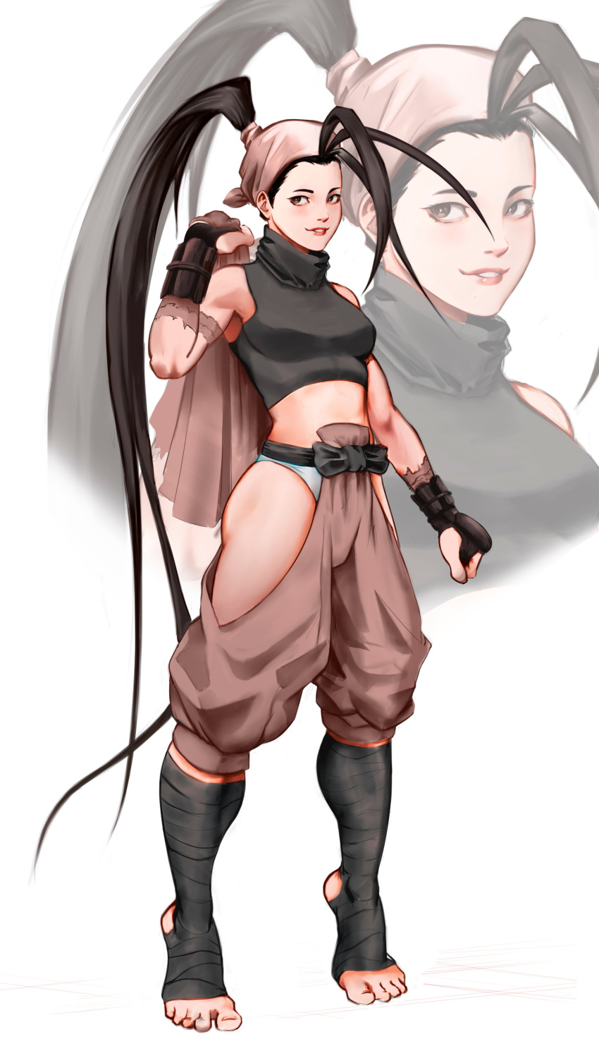 1girl absurdres ankle_wrap antenna_hair armor black_hair black_shirt breasts brown_bandeau brown_eyes brown_pants caprara clenched_hand crop_top english_commentary forehead high_ponytail highres hip_vent ibuki_(street_fighter) jacket jacket_on_shoulders japanese_armor kote leg_wrap lips long_hair looking_away medium_breasts ninja no_shoes nose panties pants shirt sleeveless sleeveless_turtleneck solo standing street_fighter street_fighter_iii_(series) thighs tiptoes toes toned turtleneck underwear very_long_hair white_panties zoom_layer
