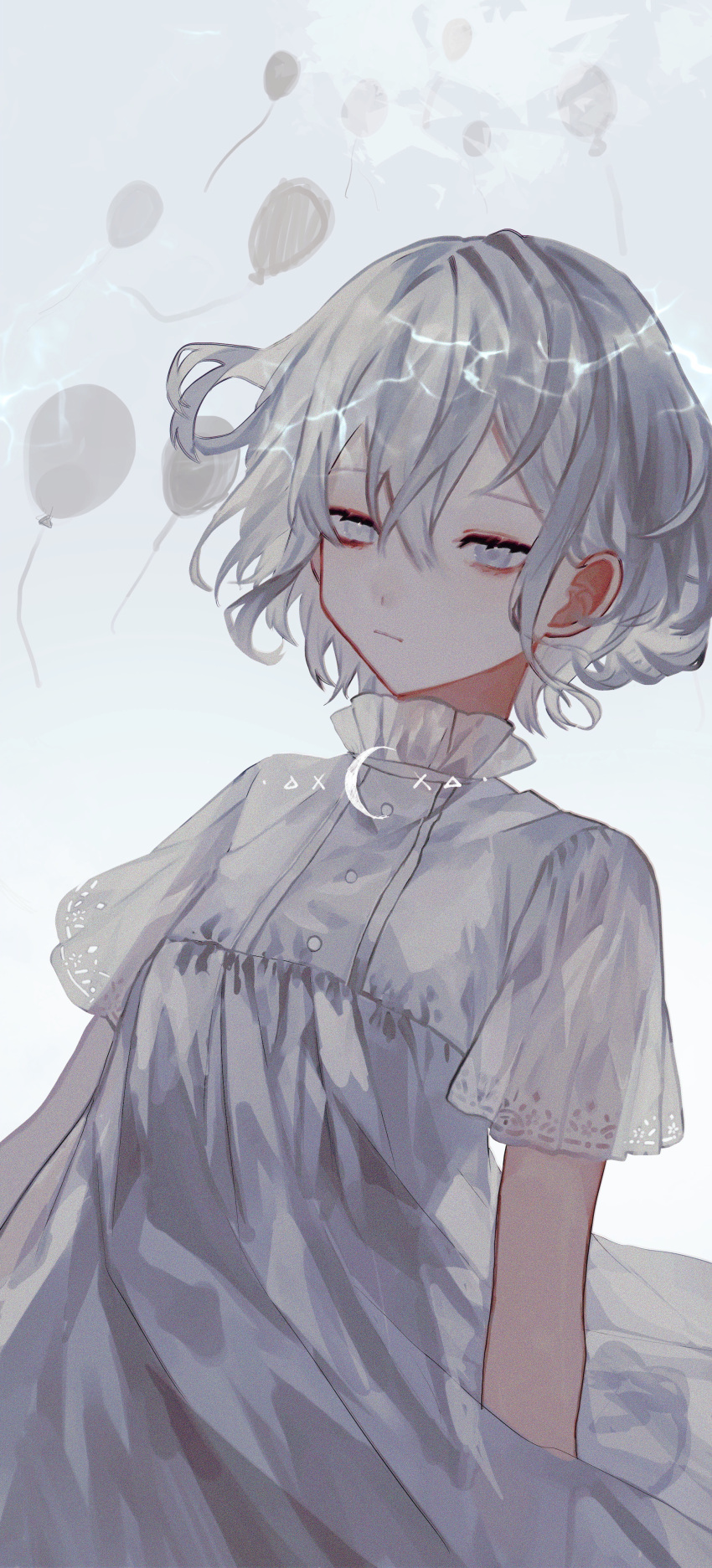 1girl absurdres balloon closed_mouth commentary_request dress grey_background grey_eyes grey_hair highres iwai_ku_tsuki original short_hair short_sleeves simple_background solo upper_body white_dress