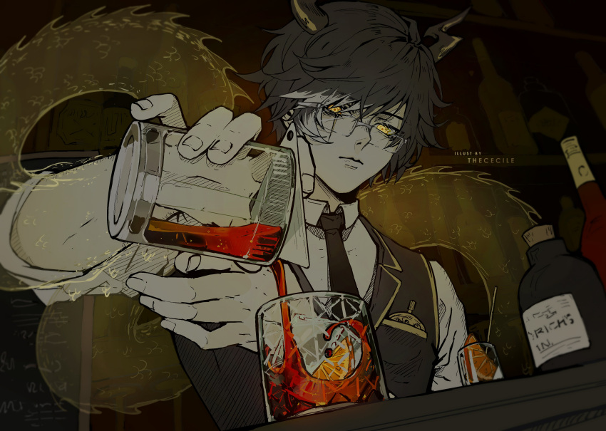 1boy absurdres black_necktie black_vest bottle collared_shirt commentary_request cup dragon_boy dragon_horns dragon_tail food fruit glasses highres holding holding_cup horns indie_virtual_youtuber looking_down male_focus necktie orange_(fruit) orange_slice pouring scar scar_across_eye shirt solo symbol-only_commentary tail the_cecile vest virtual_youtuber white_shirt yellow_eyes zal_(vtuber)