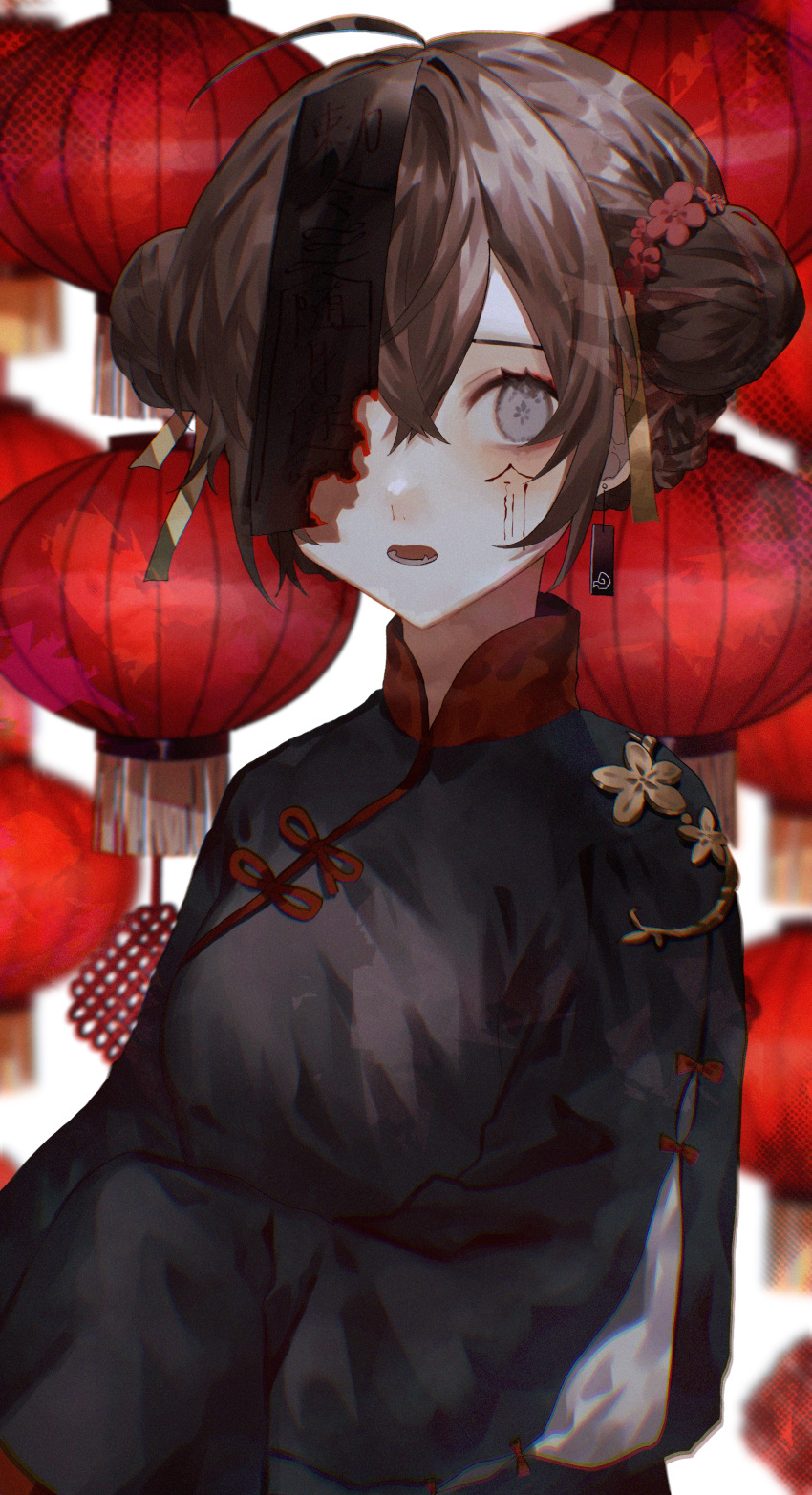 1girl absurdres bangs black_dress brown_hair chinese_clothes commentary_request double_bun dress earrings facial_mark grey_eyes hair_between_eyes highres iwai_ku_tsuki jewelry lantern looking_at_viewer ofuda one_eye_covered original paper_lantern parted_lips solo upper_body