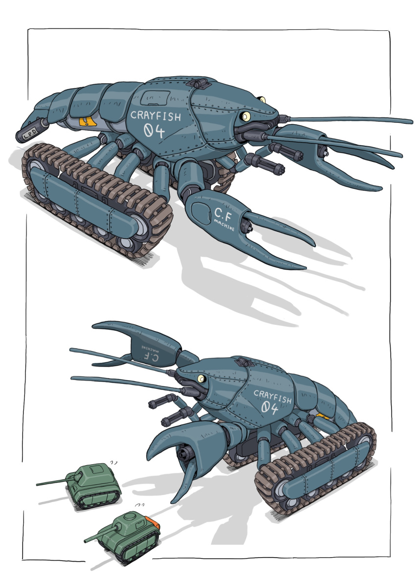 absurdres caterpillar_tracks crayfish gatling_gun gatling_santouhei ground_vehicle highres mecha military military_vehicle motor_vehicle no_humans original pincers science_fiction tank vehicle_focus white_background