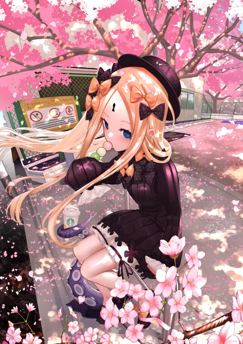 1girl abigail_williams_(fate) bangs black_bow black_dress black_headwear blonde_hair bloomers blue_eyes blush bow breasts cherry_blossoms dress fate/grand_order fate_(series) forehead hair_bow hat highres long_hair long_sleeves looking_at_viewer multiple_bows orange_bow parted_bangs polka_dot polka_dot_bow ribbed_dress shiro_ami sleeves_past_fingers sleeves_past_wrists small_breasts spring_(season) underwear white_bloomers