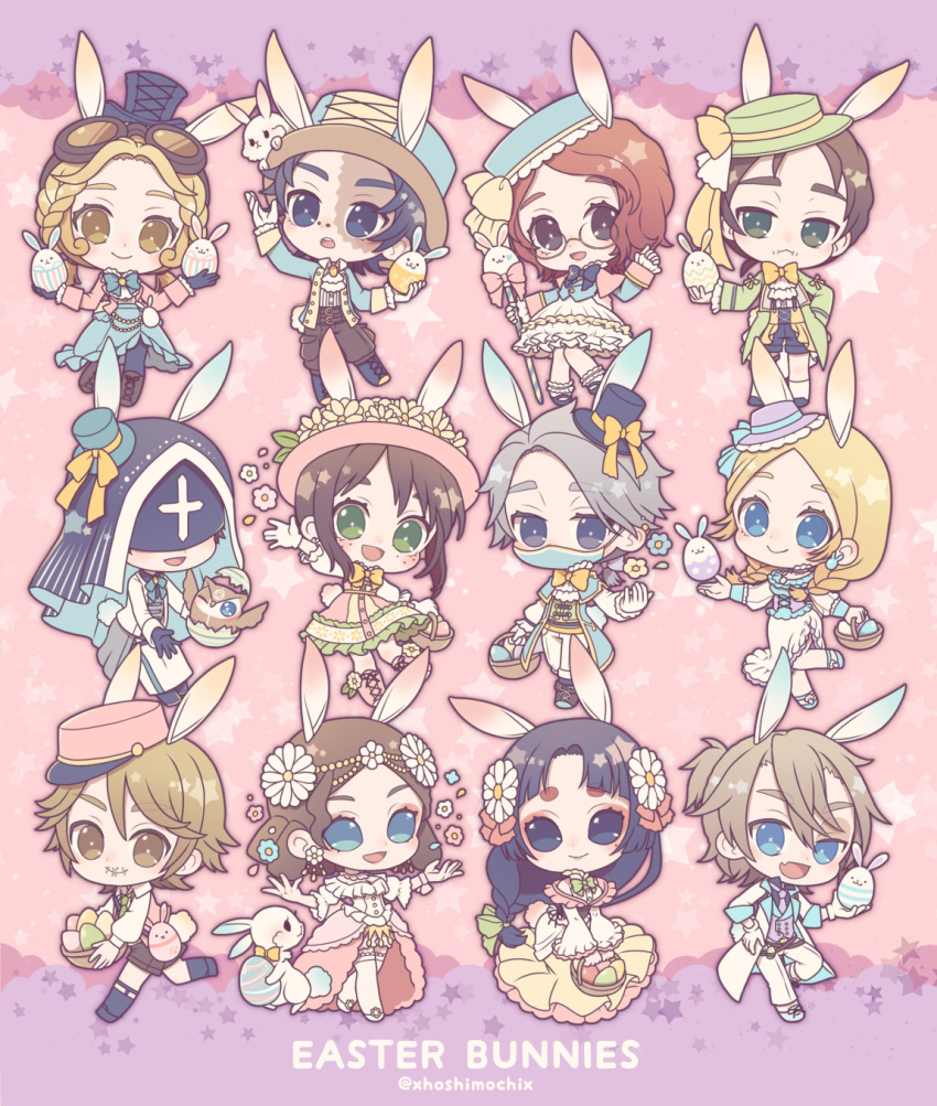 6+boys 6+girls :d aesop_carl alternate_costume animal_ears animal_on_head anne_lester arm_up bare_shoulders basket belt bird black_eyes black_gloves blindfold blonde_hair blue_eyes bow braid brown_eyes brown_hair chibi closed_mouth collared_shirt cross_print dress earrings easter easter_egg egg eli_clark emma_woods eyeshadow fake_animal_ears fang flower freckles gloves goggles goggles_on_head green_eyes grey_hair hair_flower hair_ornament hand_on_hip hat hat_bow helena_adams highres holding holding_staff identity_v jewelry leg_up long_hair low_ponytail luca_balsa makeup mary_(identity_v) mask medium_hair michiko_(identity_v) mini_hat mini_top_hat mole mole_under_eye mouth_mask multiple_boys multiple_girls naib_subedar neck_ribbon necktie norton_campbell on_head open_mouth owl pink_necktie ponytail rabbit rabbit_ears red_eyeshadow redhead ribbon shirt short_hair shorts skin_fang sleeveless smile staff stitched_mouth stitches top_hat tracy_reznik twitter_username veil victor_grantz white_gloves yunoichi-hoshiduki