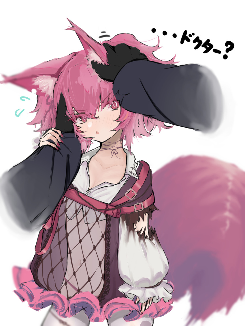 1girl 1other :&lt; animal_ear_fluff animal_ears arknights black_gloves blush collarbone commentary_request disembodied_limb doctor_(arknights) flying_sweatdrops fox_ears fox_girl fox_tail gloves head_tilt headpat highres long_sleeves looking_at_viewer nyashiro_(sgylk) pantyhose parted_lips pink_hair puffy_long_sleeves puffy_sleeves red_eyes shamare_(arknights) shirt simple_background sleeves_past_wrists solo_focus tail torn_clothes torn_sleeves translation_request triangle_mouth twintails white_background white_legwear white_shirt