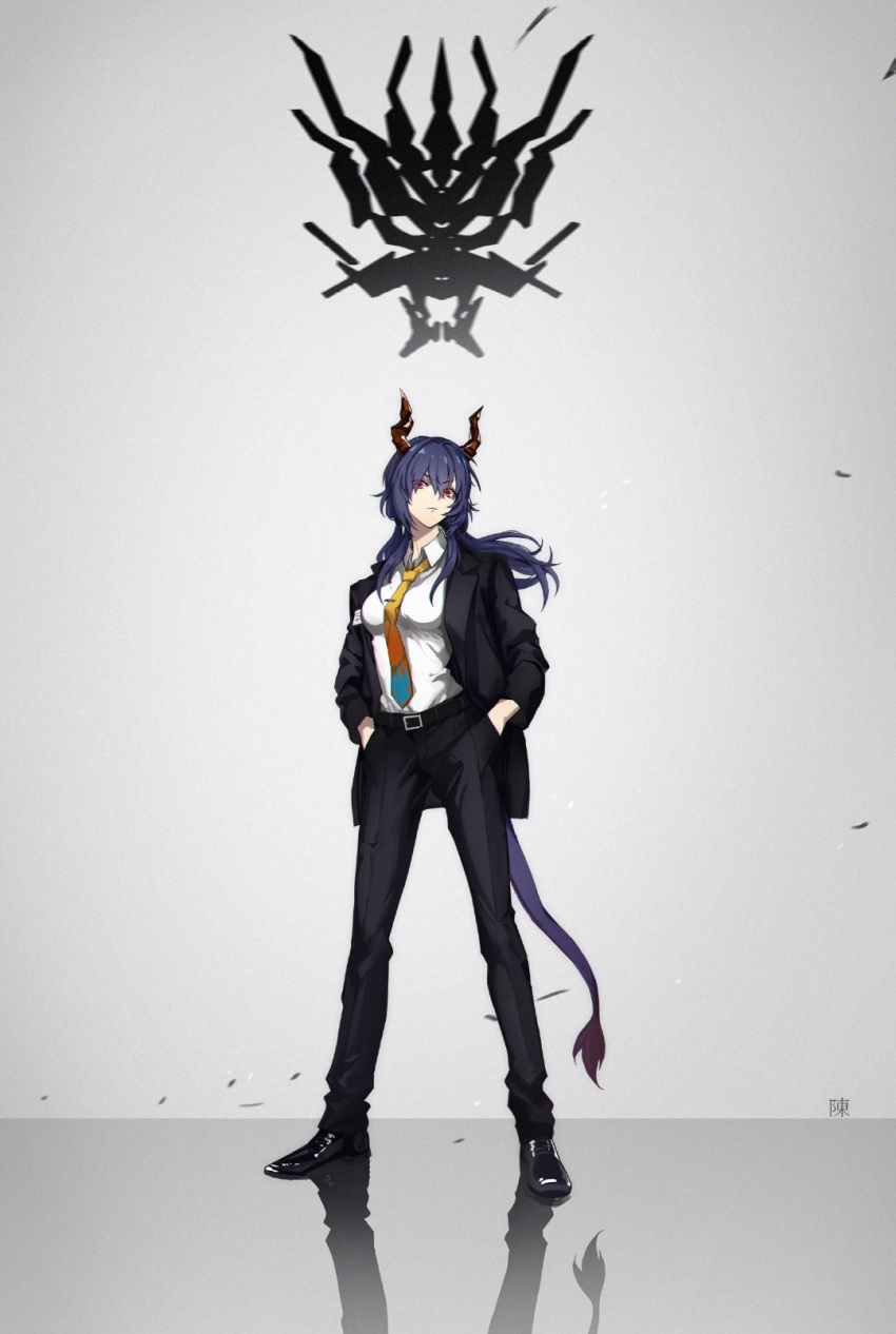 1girl arknights bangs belt belt_buckle black_footwear black_hair black_jacket black_pants breasts buckle ch'en_(arknights) closed_mouth collared_shirt dragon_girl dragon_horns dragon_tail eyebrows_visible_through_hair formal grey_background hands_in_pockets highres horns jacket long_hair long_sleeves looking_at_viewer low_ponytail lungmen_guard_department_logo medium_breasts necktie open_clothes open_jacket orange_necktie pants red_eyes reflective_floor shibububu shirt sidelocks simple_background solo suit tail v-shaped_eyebrows white_shirt