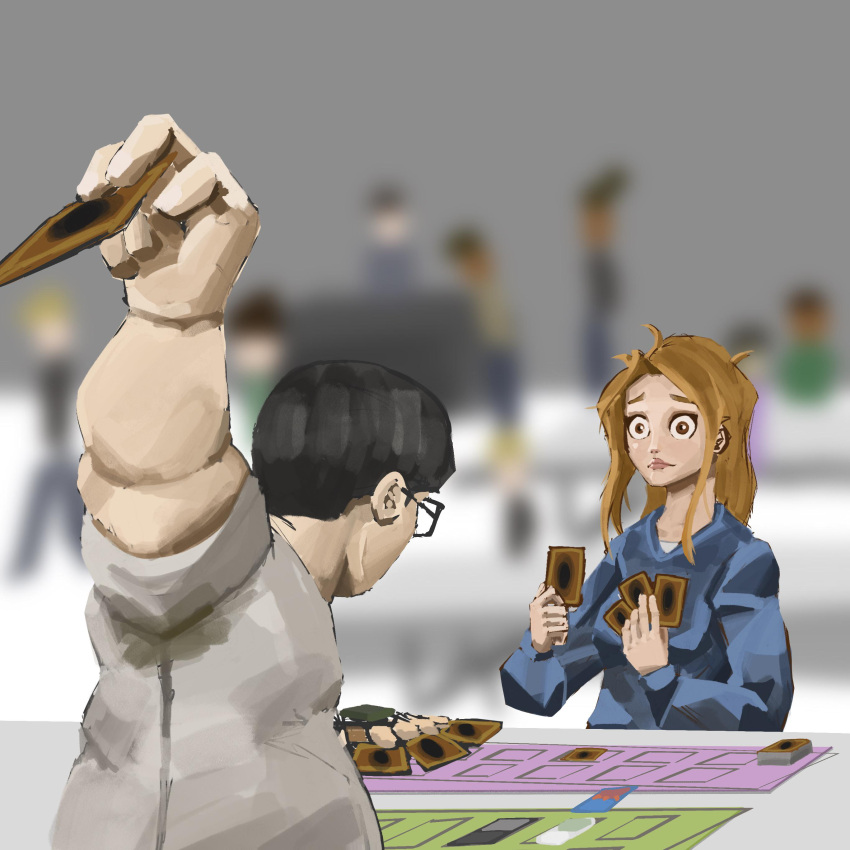 1boy 1girl absurdres arm_up black_hair blue_hoodie blurry blurry_background bowl_cut brown_hair card card_game commentary duel english_commentary eyewear_on_head fat fat_man finishing_move furrowed_brow glasses highres holding holding_card hood hoodie indoors long_hair looking_at_another messy_hair mixed_gender_duel pink_lips shirt short_hair surprised sweat sweaty_clothes table tistisky upper_body white_shirt yu-gi-oh!