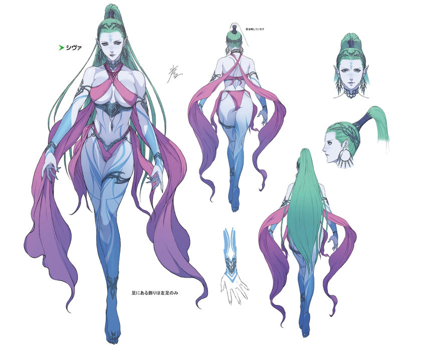 1girl anklet aqua_eyes aqua_hair back blue_skin bracelet breasts character_sheet colored_skin earrings facial_mark facing_viewer final_fantasy final_fantasy_vii final_fantasy_vii_remake forehead_mark high_ponytail hoop_earrings jewelry large_breasts long_hair multiple_views navel non-web_source official_art photoshop_(medium) pointy_ears profile shiva_(final_fantasy) simple_background thighlet turnaround very_long_hair white_background