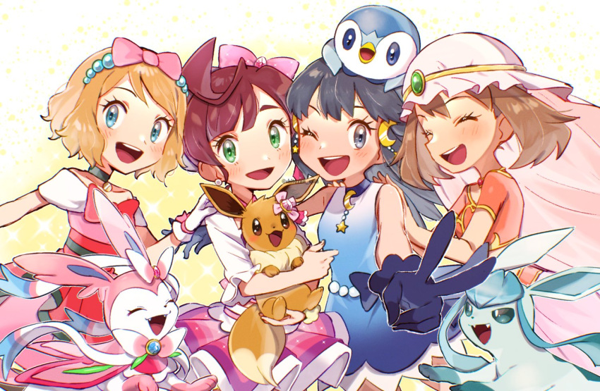 4girls :d ;d ahoge bangs blue_dress blue_eyes blush bow brown_hair chitozen_(pri_zen) chloe_(pokemon) commentary_request crescent crescent_hair_ornament dress eevee eyelashes glaceon gloves gradient_dress green_eyes grey_eyes hair_ornament hairband hikari_(pokemon) holding holding_pokemon looking_at_viewer may_(pokemon) multiple_girls one_eye_closed open_mouth orange_hair piplup pokemon pokemon_(anime) pokemon_(creature) pokemon_dppt_(anime) pokemon_swsh_(anime) pokemon_xy_(anime) serena_(pokemon) short_sleeves smile sylveon teeth tongue upper_teeth v