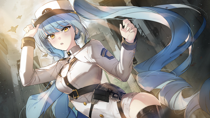 1girl absurdres aircraft airplane bangs belt blue_hair boots breasts buttons cityscape dappled_sunlight double-breasted dress drill_hair eyebrows_visible_through_hair fighter_jet hat highres holster holstered_weapon jet long_hair long_sleeves medium_breasts military military_hat military_uniform military_vehicle parted_lips pencil_dress project_nikke silhouette sleeve_cuffs solo sunlight thigh-highs thigh_boots twin_drills uniform wattaro white_dress yellow_eyes