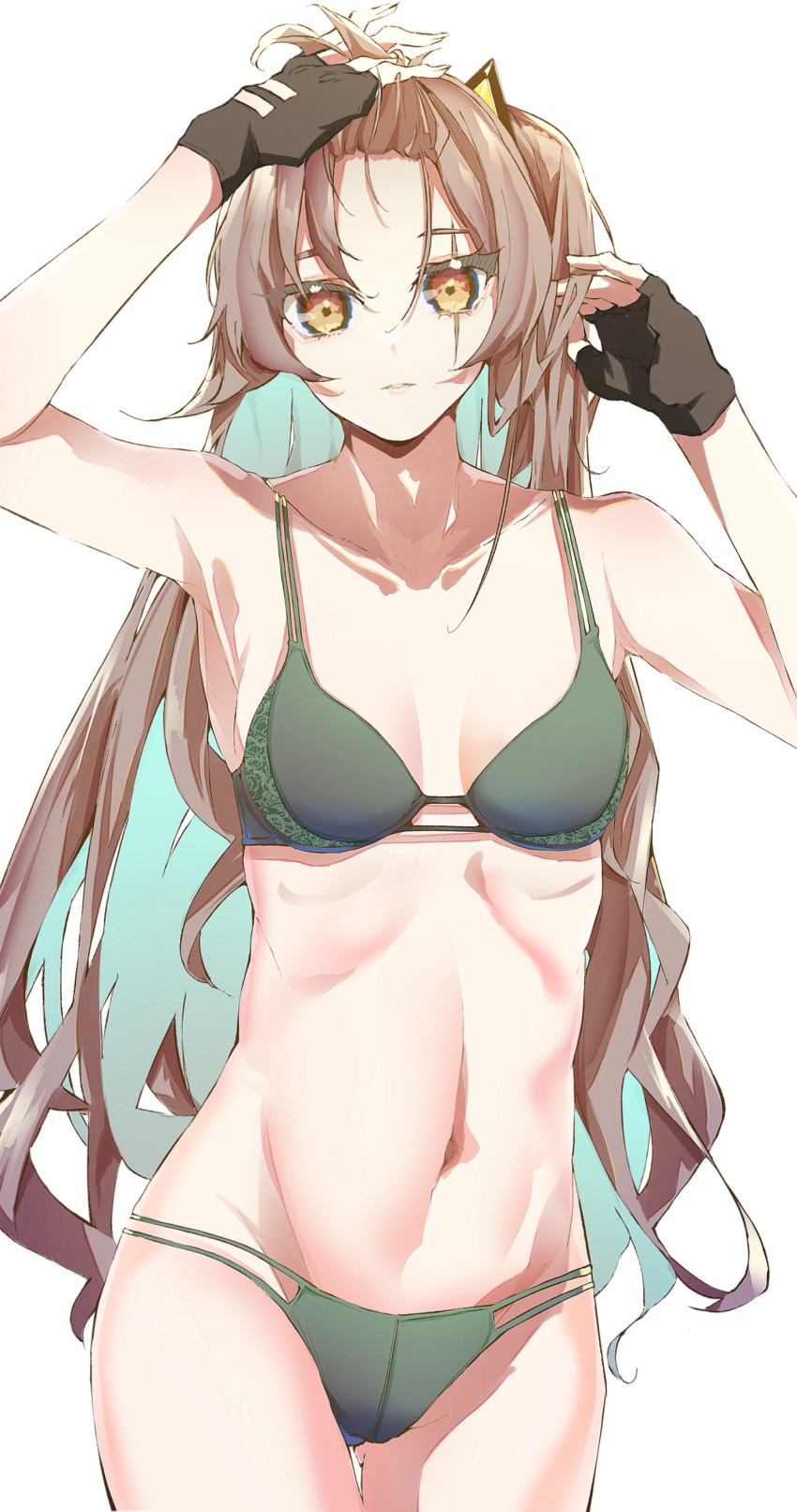1girl absurdres bare_arms black_gloves blue_hair bra breasts brown_eyes brown_hair collarbone colored_inner_hair commentary_request cowboy_shot e_sky_rugo fingerless_gloves girls_frontline gloves green_bra green_panties hands_up highres linea_alba long_hair looking_at_viewer multicolored_hair navel panties ribs scar scar_across_eye simple_background small_breasts solo ump45_(girls'_frontline) underwear white_background