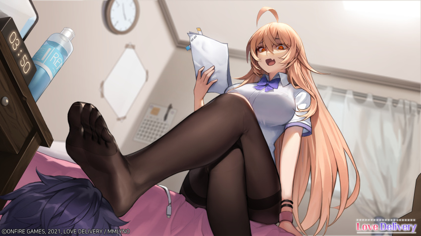 1boy 1girl :d ahoge blonde_hair blurry bow bowtie breasts brown_legwear collared_shirt crossed_legs depth_of_field fang feet highres holding indoors large_breasts long_hair looking_at_viewer no_shoes official_art orange_eyes original osuti pantyhose paper shaded_face shirt short_sleeves sitting smile solo_focus stepped_on thighband_pantyhose toes very_long_hair white_shirt