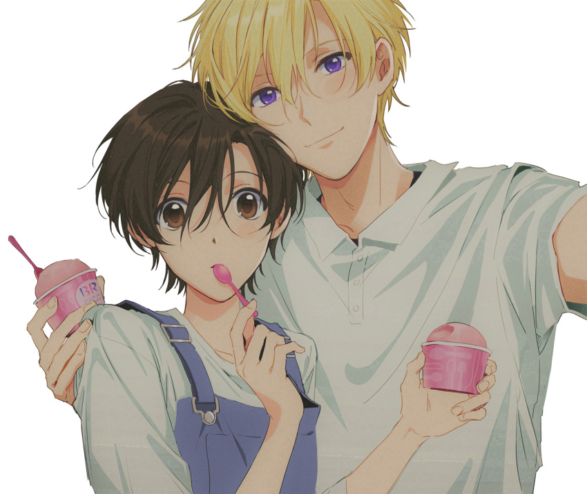 1boy 1girl baskin-robbins blonde_hair brown_eyes eating food fujioka_haruhi highres holding holding_food holding_spoon ice_cream ouran_high_school_host_club overalls short_hair simple_background smile sophie_(693432) spoon suou_tamaki utensil_in_mouth violet_eyes white_background