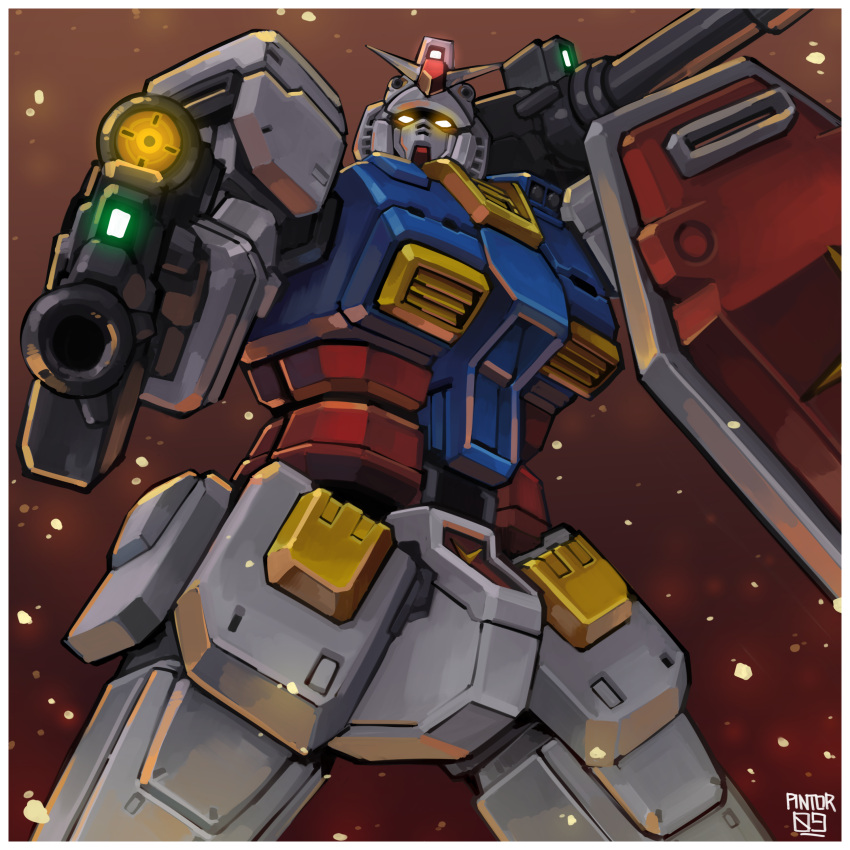 absurdres artist_name beam_rifle embers energy_gun glowing glowing_eyes gun gundam highres holding holding_gun holding_shield holding_weapon mecha mobile_suit mobile_suit_gundam moku_(pintor09) orange_eyes red_background rx-78-2 science_fiction shield shoulder_cannon solo v-fin weapon