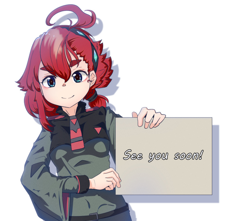 1girl ahoge bangs blue_eyes breasts commentary english_text gundam gundam_suisei_no_majo hairband hexaa long_hair looking_at_viewer placard ponytail protagonist_(gundam_suisei_no_majo) redhead sign single_sidelock small_breasts smile solo upper_body white_background