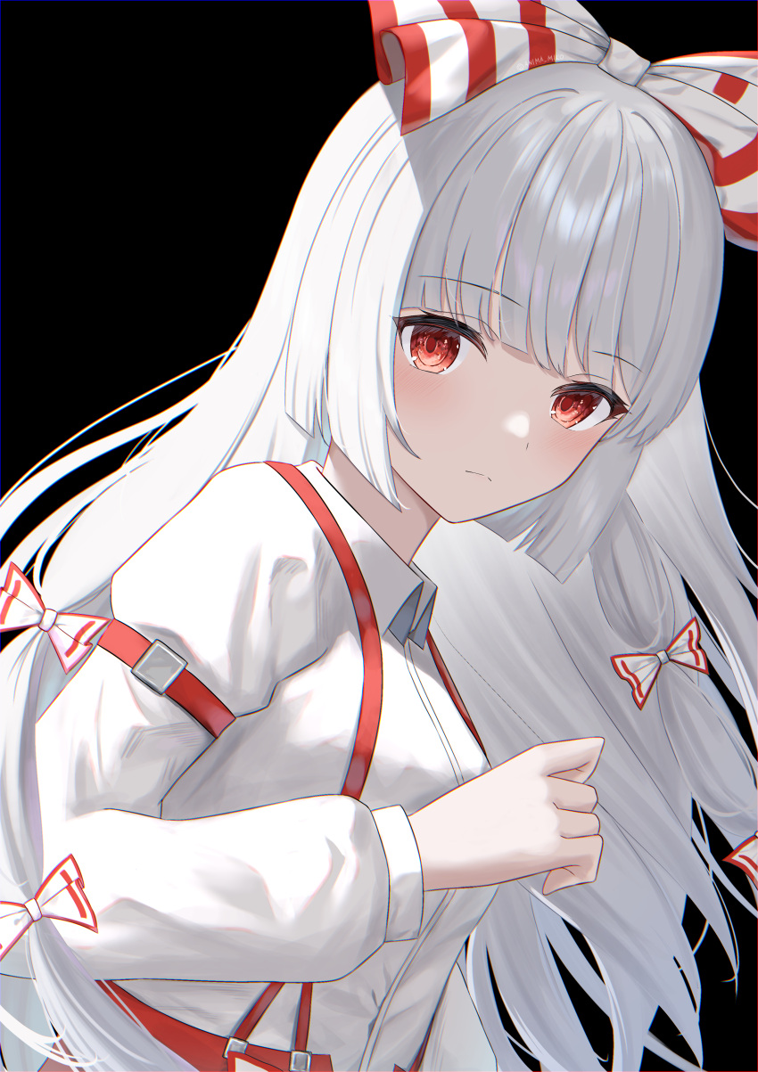1girl absurdres anima_miko artist_name bangs black_background blush bow breasts closed_mouth collared_shirt commentary_request eyebrows_visible_through_hair eyelashes eyes_visible_through_hair fujiwara_no_mokou grey_bow grey_hair hair_bow hand_up highres juliet_sleeves long_hair long_sleeves looking_at_viewer medium_breasts multicolored_bow panties pants puffy_long_sleeves puffy_sleeves red_bow red_eyes red_pants shirt simple_background solo standing touhou underwear watermark white_bow white_hair white_shirt