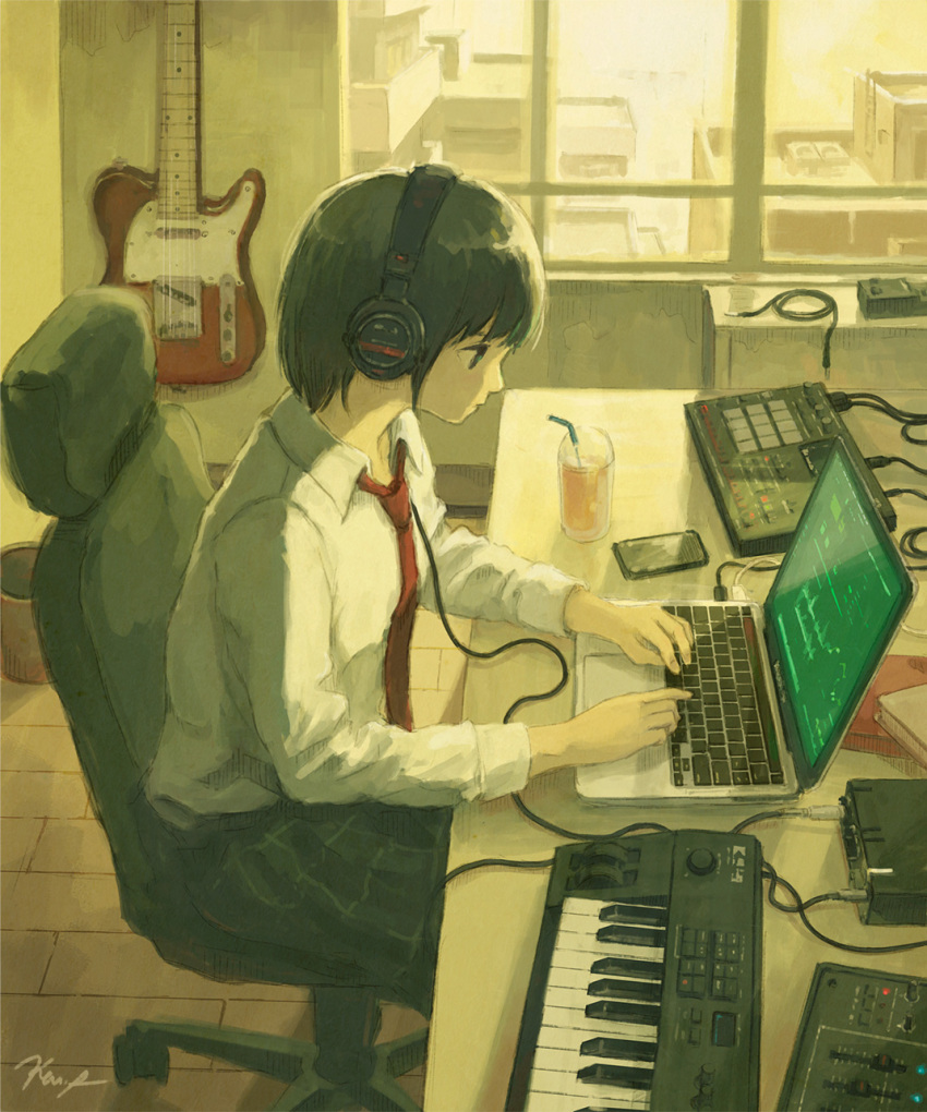 1girl black_hair cellphone chair commentary computer cup disposable_cup drinking_straw guitar headphones highres indoors instrument kensight328 keyboard_(instrument) laptop necktie office_chair original phone school_uniform short_hair sitting smartphone solo