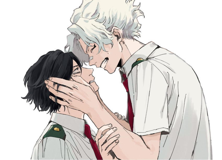 2boys bandaid bandaid_on_face bandaid_on_nose black_hair boku_no_hero_academia closed_eyes collared_shirt commentary_request eraser_head_(boku_no_hero_academia) grimace grin hands_on_another's_arms hands_on_another's_face looking_at_another looking_up loud_cloud male_focus multiple_boys necktie red_necktie rnuyvm school_uniform shirt short_hair short_sleeves simple_background smile teenage teeth u.a._school_uniform white_background white_hair white_shirt younger