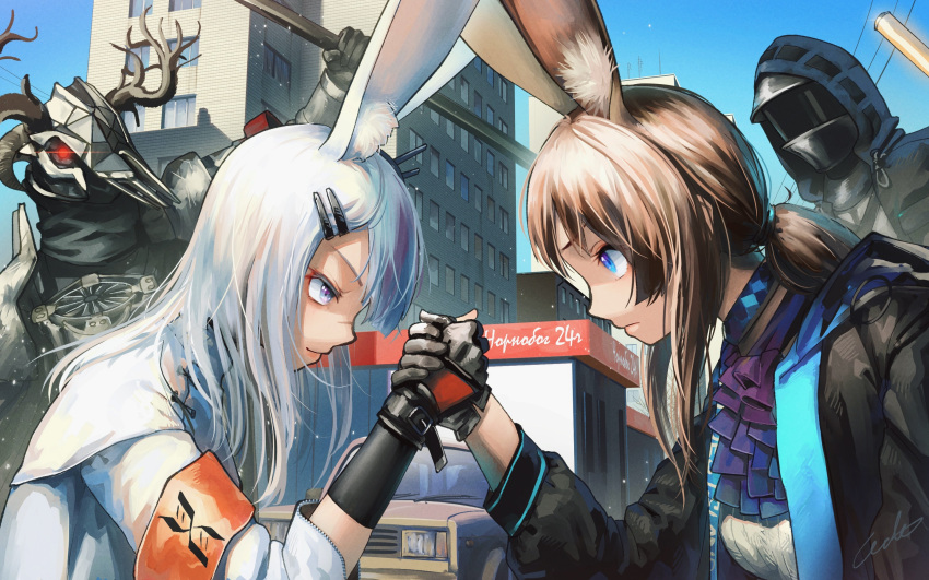 1boy 1other 2girls ambiguous_gender amiya_(arknights) animal_ear_fluff animal_ears antlers arknights arm_wrestling armband black_gloves black_jacket blue_eyes brown_hair building clothes_writing coat day doctor_(arknights) ear_ornament extra_ears eye_contact from_side frostnova_(arknights) gloves glowing glowing_eye hair_ornament hairclip highres hood hood_up jacket long_sleeves looking_at_another mask multiple_girls open_clothes open_jacket orange_ribbon outdoors patriot_(arknights) ponytail profile rabbit_ears reunion_logo_(arknights) ribbon scar scar_on_face scar_on_nose shirt skyscraper upper_body welt_(kinsei_koutenkyoku) white_coat white_hair white_shirt