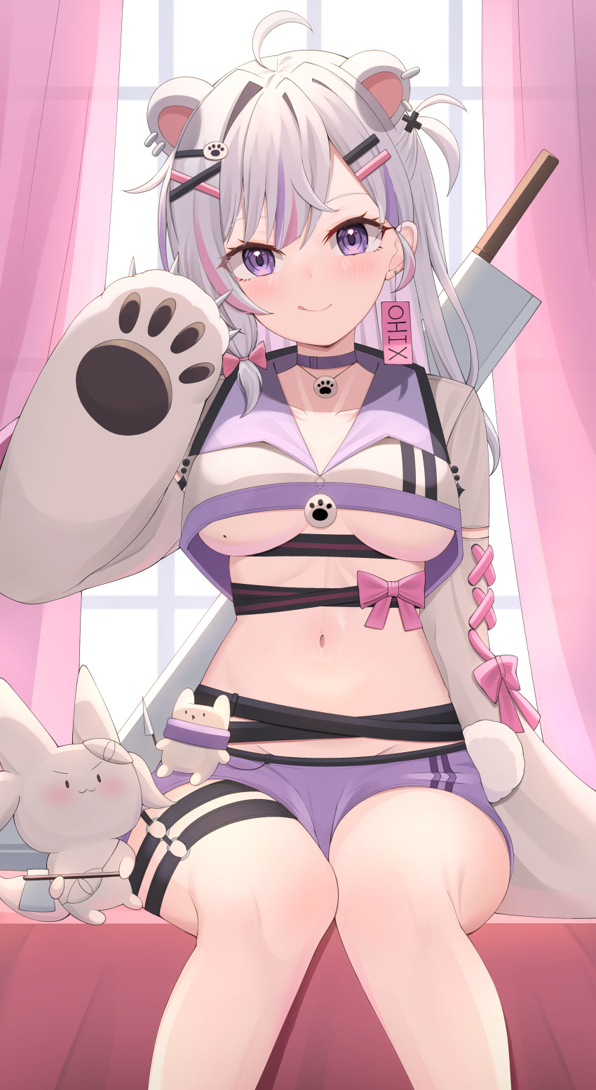 1girl :q absurdres ahoge animal_ears animal_hands bear_ears breasts choker collarbone gloves hand_up highres indie_virtual_youtuber koiten_production long_hair looking_at_viewer medium_breasts mole mole_on_breast multicolored_hair navel paw_gloves pink_hair purple_choker purple_hair purple_shorts shorts sitting solo starfox1015 sword sword_behind_back tongue tongue_out under_boob virtual_youtuber weapon weapon_on_back white_hair xiho_(vtuber)