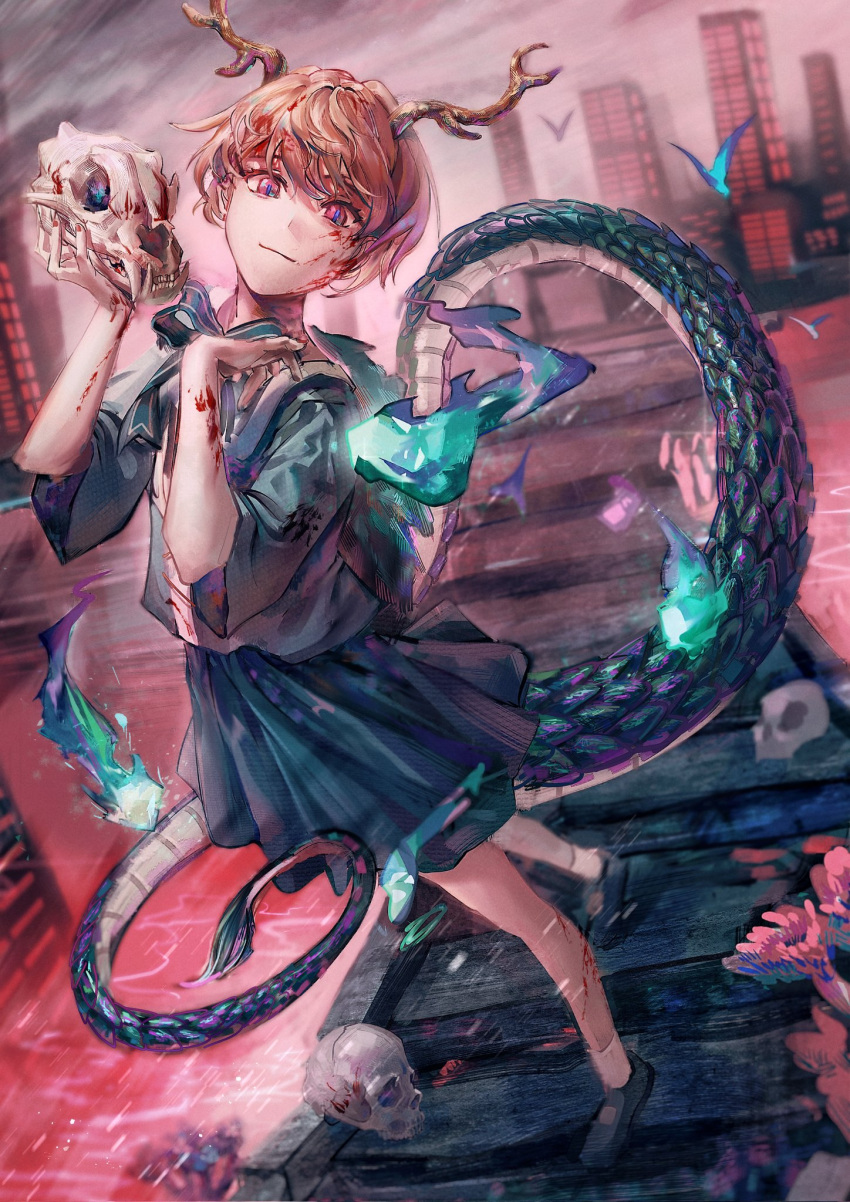 1girl :| antlers bird black_footwear blonde_hair blood blood_on_face blood_on_hands blood_on_leg blue_shirt blue_skirt building chinese_commentary closed_mouth commentary dragon_tail eyebrows_behind_hair full_body green_ribbon hands_up highres hitodama holding holding_skull kicchou_yachie long_sleeves looking_at_viewer pavement pink_eyes ribbon shirt shoes short_hair skirt skull skyscraper slit_pupils solo somayumi standing tail touhou turtle_shell