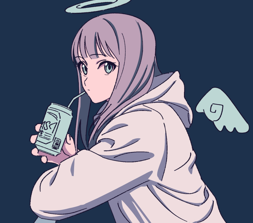 1girl aqua_eyes blue_background brown_hair can closed_mouth detached_wings drinking_straw eyebrows_visible_through_hair grey_hoodie halo highres holding holding_can hood hood_down hoodie kashiwa_(iersansi) long_hair looking_at_viewer mini_wings original simple_background solo upper_body wings
