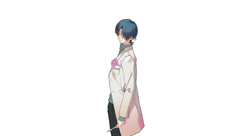 1boy absurdres black_pants blue_hair blue_sweater closed_mouth coat commentary_request copyright_request cowboy_shot dobunomeme expressionless flower from_side hair_over_one_eye highres holding_scalpel id_card labcoat lapel_flower long_sleeves looking_at_viewer male_focus pants pink_flower short_hair simple_background solo sweater turtleneck turtleneck_sweater white_background white_coat yellow_eyes