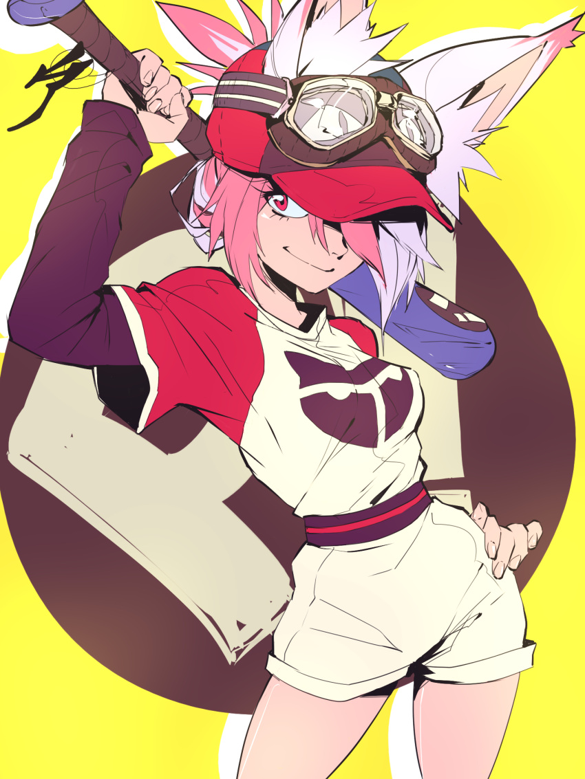 1girl aetherion animal_ear_fluff animal_ears baseball_bat baseball_cap belt black-framed_eyewear black_belt black_shirt commentary commission cowboy_shot english_commentary flcl goggles goggles_on_head hand_on_hip haruhara_haruko hat highres holding holding_weapon layered_shirt long_sleeves one_eye_covered over_shoulder pink_hair raglan_sleeves red_belt red_eyes red_headwear red_shirt shirt short_hair short_sleeves shorts smirk solo standing weapon weapon_over_shoulder white_shirt white_shorts yellow_background