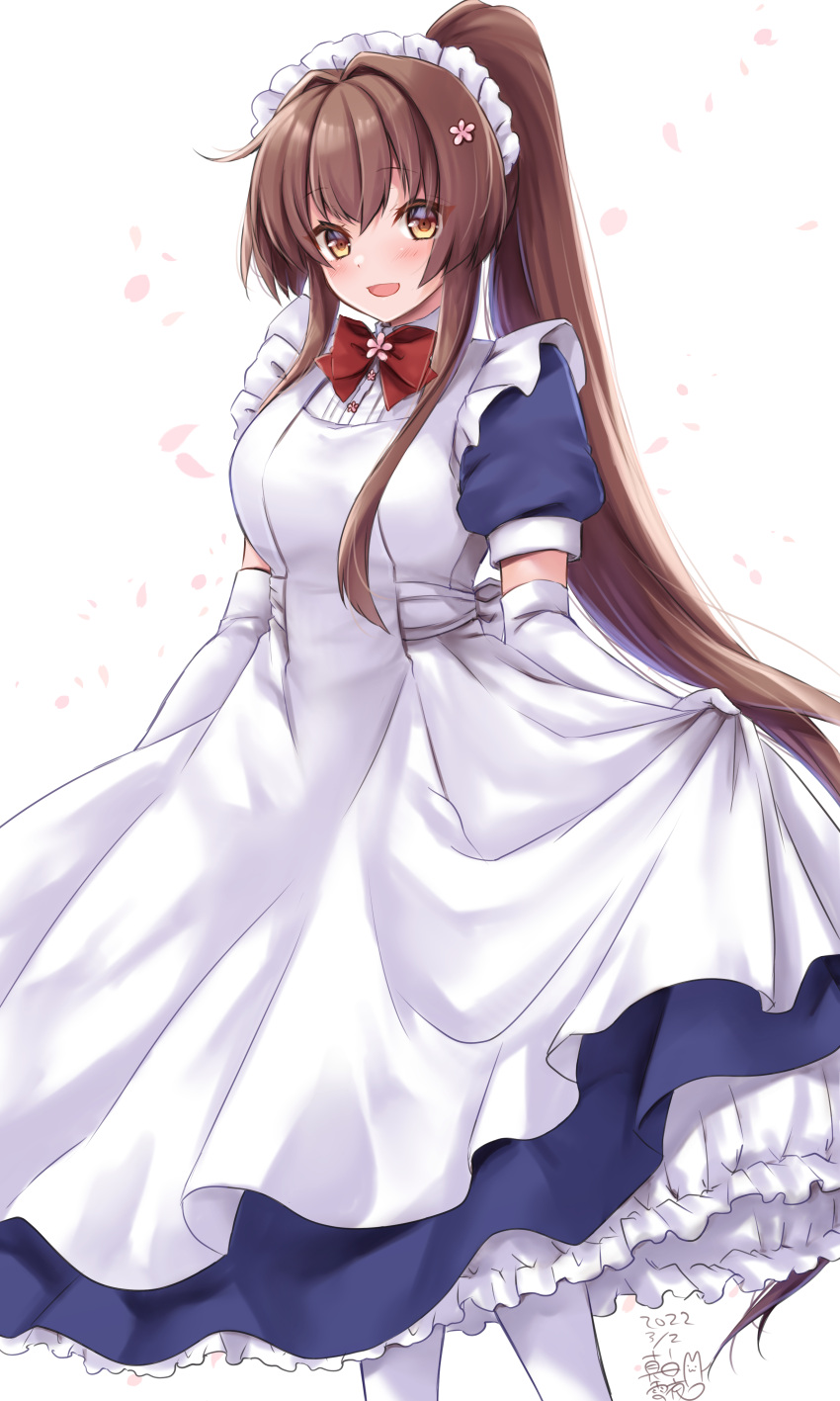 1girl absurdres alternate_costume apron blue_dress blush bow bowtie breasts brown_eyes brown_hair cherry_blossoms collared_dress cowboy_shot dated dress elbow_gloves enmaided eyebrows_visible_through_hair frilled_apron frills gloves hair_between_eyes headgear highres kantai_collection long_hair looking_at_viewer maid maid_apron maid_headdress mashiro_yukiya medium_breasts open_mouth pantyhose petals petticoat ponytail puffy_short_sleeves puffy_sleeves red_bow red_bowtie short_sleeves smile solo twitter_username very_long_hair white_apron white_background white_gloves white_legwear yamato_(kancolle)